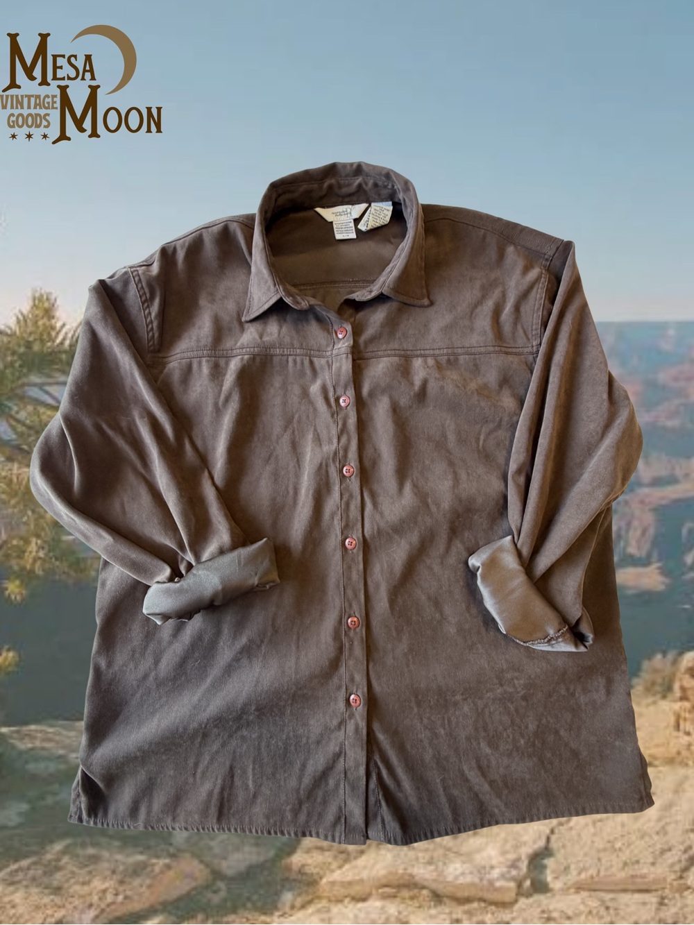 Vintage Faux Suede Brown Button-Up Collared Shirt